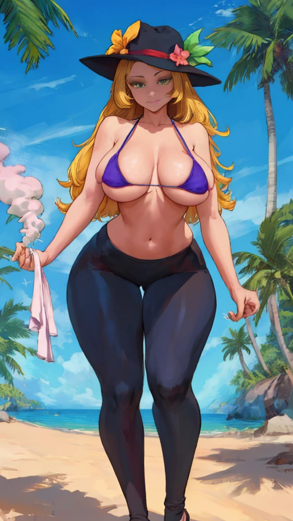 extremely delicate and beautiful, Amazing, finely detail, masterpiece, ultra-detailed, highres,best illustration, best shadow,intricate, high quality, woman, solo, purple long hair, curvy, milf, giant breasts, sexy body, bikini top, (black yoga pants), minimal jewelry, hat, bright green glowing eyes, natural makeup, Alien planet, tropical beach, beach towel, fruit drinks, lotion on chest, beach umbrella, lot of colorful smoke everywhere background, palm trees, cutesexyrobutts