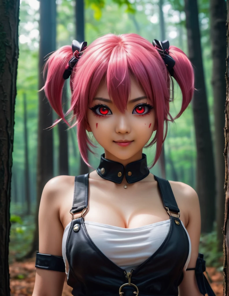 quality(8k wallpaper of extremely detailed CG unit, masterpiece, hight resolution, top-quality, top-quality real texture skin,hyper realisitic, digitial painting,increase the resolution,RAW photos,best qualtiy,highly detailed,the wallpaper),BREAK,8K, half face, Chibi, onmyoji-style art (Best quality,4K,8K, onmyoji-style art, explicit, beautiful, amazing, high quality, detailed background, a woman with large breast in a woods, 1girl, breasts , , , pink hair, (large breasts:1.5), twintails, long hair, solo focus, mirai nikki, black choker, dark grey overalls, leather gloves, red eyes, chasing you through the woods, ((nigth:1.5)), crazy, ((crazy eyes)), ((crazy stare)), (fanart of Gasai Yuno), (angry eyes:1.1), (perfect hands:1.4), (masterpiece), best quality, expressive eyes, VHS, ((nigth)), (Parfect Hand:1.3), 4k, 8k, 1980s, from below, (standing over you), (Blood:1.1),Horror, (evil smile:1.4), (evil eyes:1.6), (holding machete:1.5), horror scane,