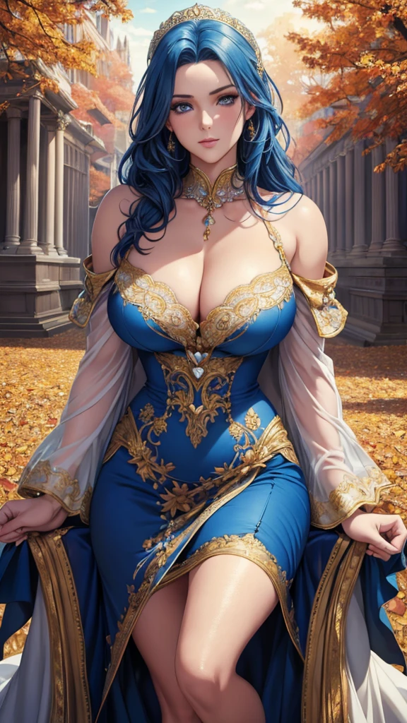 blue eyes, (Highest quality, masterpiece painting:1.3), Mature Woman, 20-year-old, (Half Body Shot), masterpiece, Ultra-high resolution, (Photorealistic:1.0), Blue Hair, Beautiful and shiny hair, White and glowing skin, ((Ultra-Realistic Details)), Octane Rendering, Highly detailed face, (Big Breasts:0.8),  ((Heart with both hands:1.2)), She wears a stunning outfit inspired by the Belle Époque style., A flowing golden dress decorated with lace and ribbons, (clothing: Gold Belle Epoque dress with lace and ribbons),cleavage perfect body, Soft Skin, Anime Face, Perfect Face, Perfect Eyes, Looking at the audience, Smart, Autumn leaves under the tree background, Autumn leaves falling, Outdoor,shrine, Sharp focus, Intricate details, Professional artwork, (Bright colors:1.1), Bright colors, diffused Lighting, Digital Blending, Ultra high definition body, Super detailed hair, Highly detailed face, that&#39;that&#39;Trending on pixiv, Open the top button, Cute gaze, Compensate, Perfect Lips, perfect Compensate, Ultra-precision coating, (Light_smile:1.0), (Very embarrassed:0.8),