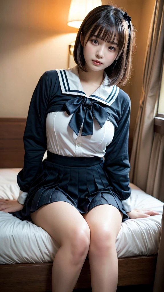 masterpiece, best quality, illustration, Super detailed, fine details, High resolution, 8K,wall paper, perfect dynamic composition,(Details High quality, realistic depiction of eyes:1.3), Black Sailor Uniform, serafuku, Navy pleated skirt, huge breasts, short bob hair, black hair color, Big Natural Color Lip, bold sexy pose, crying a little、 Harajuku style、20 year old girl、cute type、lolita、beautiful legs, hotel room, full body photo、focus on crotch, hposing Gravure Idol