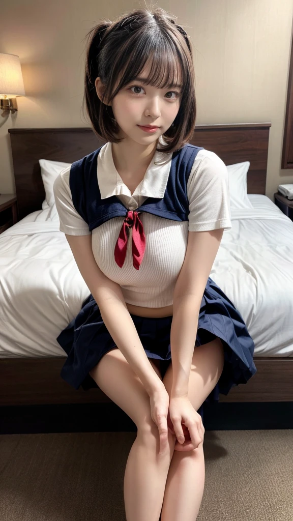 masterpiece, best quality, illustration, Super detailed, fine details, High resolution, 8K,wall paper, perfect dynamic composition,(Details High quality, realistic depiction of eyes:1.3), Black Sailor Uniform, serafuku, Navy pleated skirt, huge breasts, short bob hair, black hair color, Big Natural Color Lip, bold sexy pose, crying a little、 Harajuku style、20 year old girl、cute type、lolita、beautiful legs, hotel room, full body photo、focus on crotch, hposing Gravure Idol