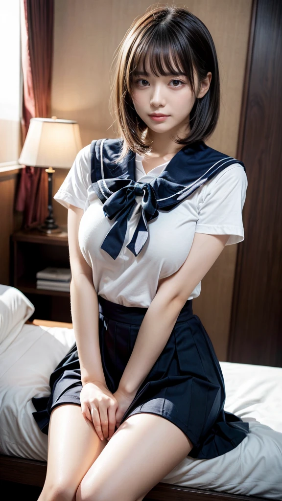 masterpiece, best quality, illustration, Super detailed, fine details, High resolution, 8K,wall paper, perfect dynamic composition,(Details High quality, realistic depiction of eyes:1.3), Black Sailor Uniform, serafuku, Navy pleated skirt, huge breasts, short bob hair, black hair color, Big Natural Color Lip, bold sexy pose, crying a little、 Harajuku style、20 year old girl、cute type、ta、beautiful legs, hotel room, full body photo、focus on crotch, hposing Gravure Idol