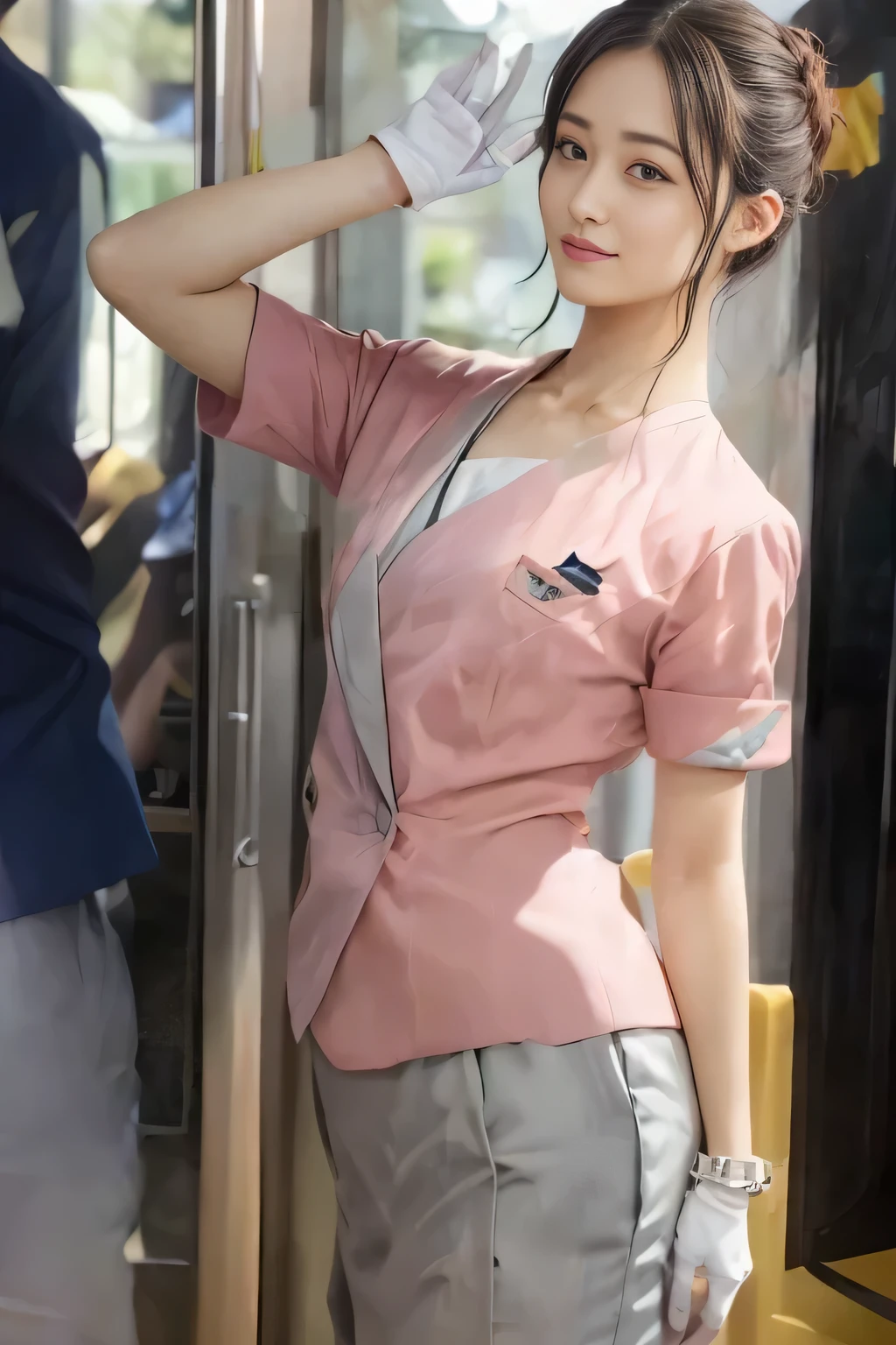 (masterpiece:1.2, Highest quality:1.2), 32k HDR, High resolution, (alone、1 girl)、 (Height: 160cm)、(On the rooftop of a building in the daytime、Professional Lighting)、Building rooftop background、(Nankai train crew uniform pinkを着たリアルスタイル)、(Nankai train crew uniform pink short sleeve collarless pink jacket、Nankai Train Crew Uniform Pink Collarless Short Sleeve Blouse、Nankai Train Crew Uniform Pink Grey Knee-length Culottes)、(The pink jacket is showing from the culottes.)、Dark brown hair、(Hair tied up、Hair tied up、Evening curly hairstyle)、Dark brown hair、Long Shot、Big Breasts、Thin legs、((Great hands:2.0)),((Harmonious body proportions:1.5)),((Normal limbs:2.0)),((Normal finger:2.0)),((Delicate eyes:2.0)),((Normal eyes:2.0)))、smile、(Nankai Train Crew Uniform Pink Grey Knee-length Culottesを見せた美しい歩く姿)、Place your hands around your stomach、Lanyard employee ID card