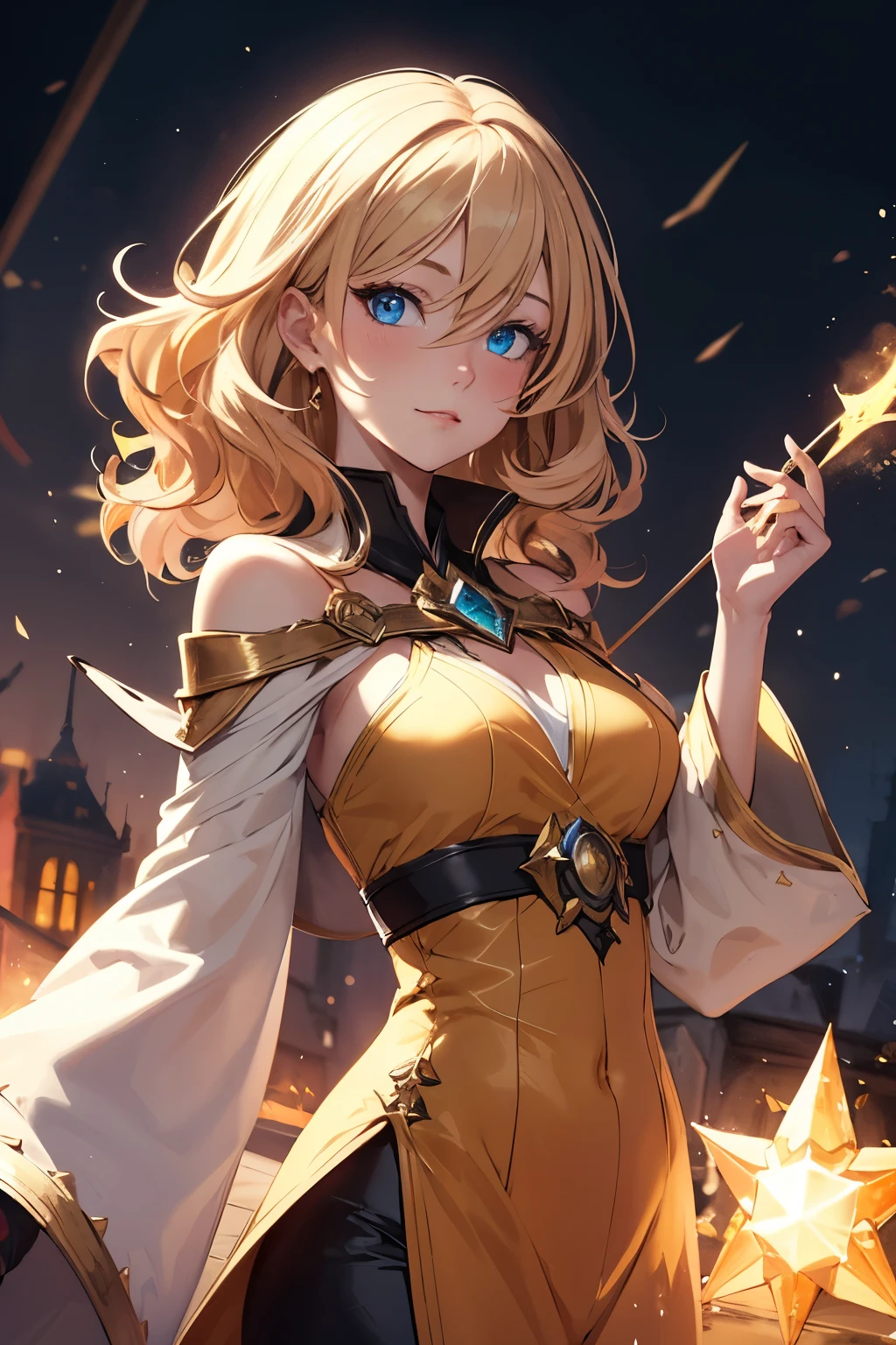 Girl with golden curls and blue eyes wearing a yellow mage outfit and using sunstone magic