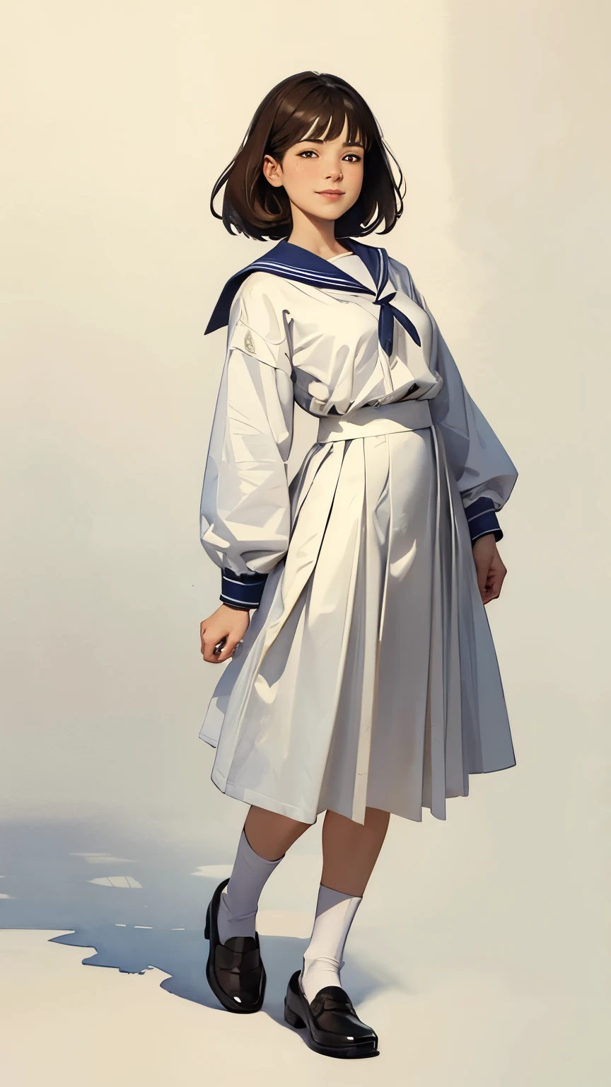 (1 Girl、alone、whole body、natural standing posture)、(whole body:1.4)、(whole bodyショーケース)、(whole bodyを見せる)、((Character Concept Art))、(Portraiture:1.2)、(Detailed facial depiction、A kind smile)、Short dark brown hair、White Sailor Suit、Navy blue sailor color、uniform、Long skirt、Pleated skirt、shoes、loafers、(Vintage、Classic)、((No background))、((White Background))、Blur the background、(No logo)、((Watercolor of singer Sargent))、Impressionist style painting、(Highest quality、masterpiece)、