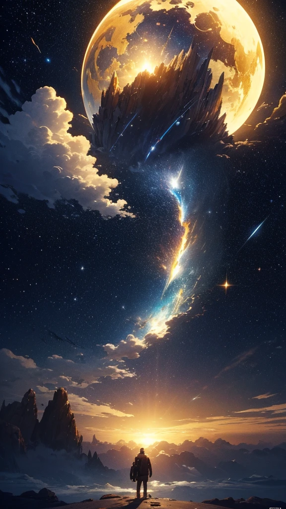 (Highly detailed CG Unity 8k wallpaper), A man looking up at the night sky, The most beautiful space art panorama, SF universe scenery, planet, Ed Blinky, Atey Gailan, Professional and spectacular paintings from Studio Ghibli, Jeremy Mann, Greg Manchess, Antonio Moro, Trending on Art Station, Trending on CGSociety, complicated, High detail, Sharp focus, dramatic, Photorealistic paintings by Midjourney and Greg Rutkowski