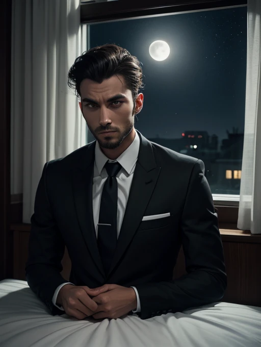 30 years old man, hair combed up, suit and tie, mysterious expression, dark bedroom, moonlight coming through the window