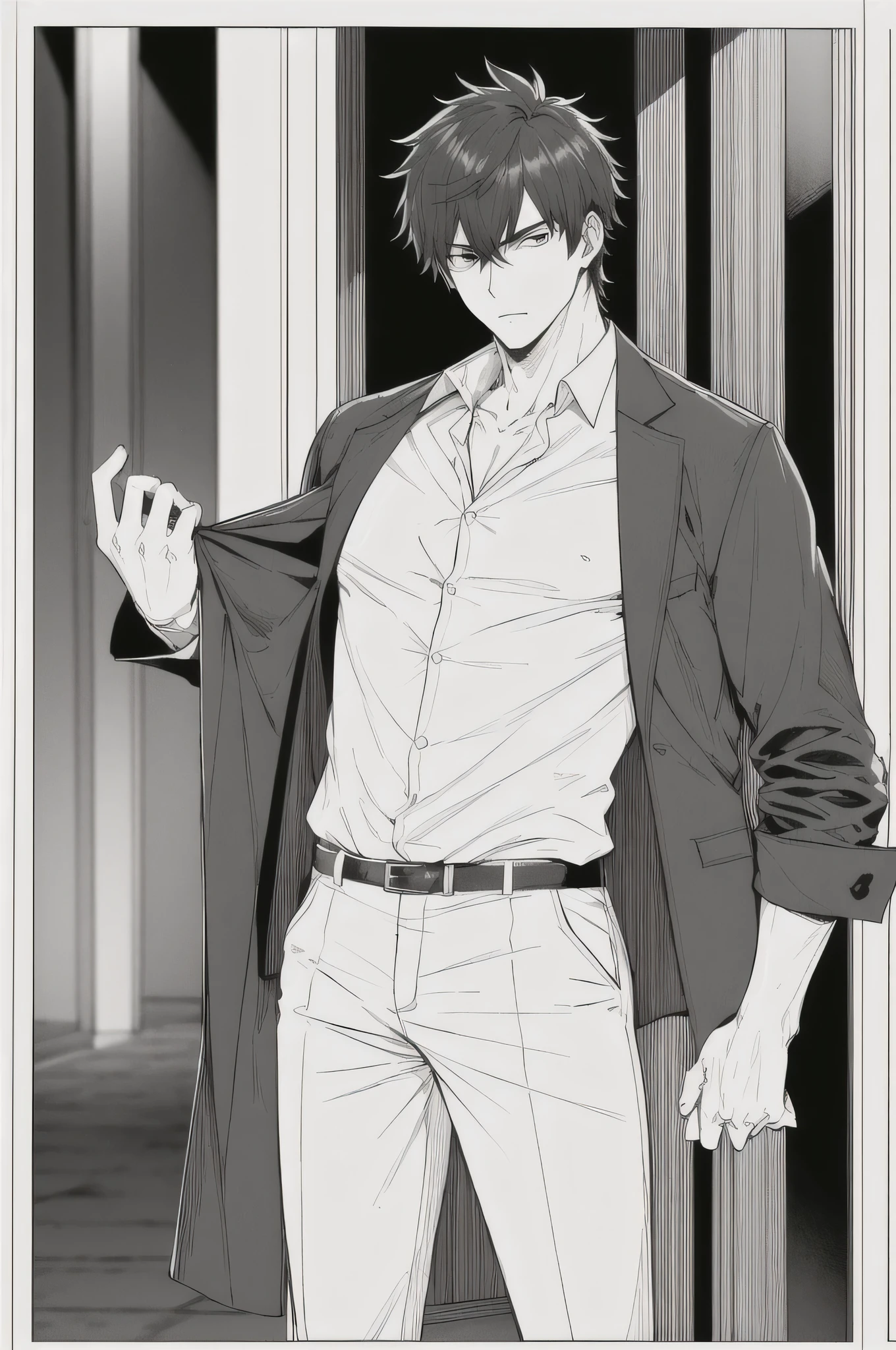 masterpiece, best quality, 1man, uniform, hand in pocket, school bag, black hair, black eyes, cyberpunk, street, monochrome, lineart, Santiago is a man of striking presence, with shaggy black hair that falls over her pale skin. Your eyes are deep and intense, reflecting a mixture of mystery and sadness. He wears dark clothes that highlight his slim, elegant figure., emanating an aura of danger and seduction. Your voice is hoarse and engaging, able to attract and captivate those around you, adding a seductive element to your enigmatic personality.