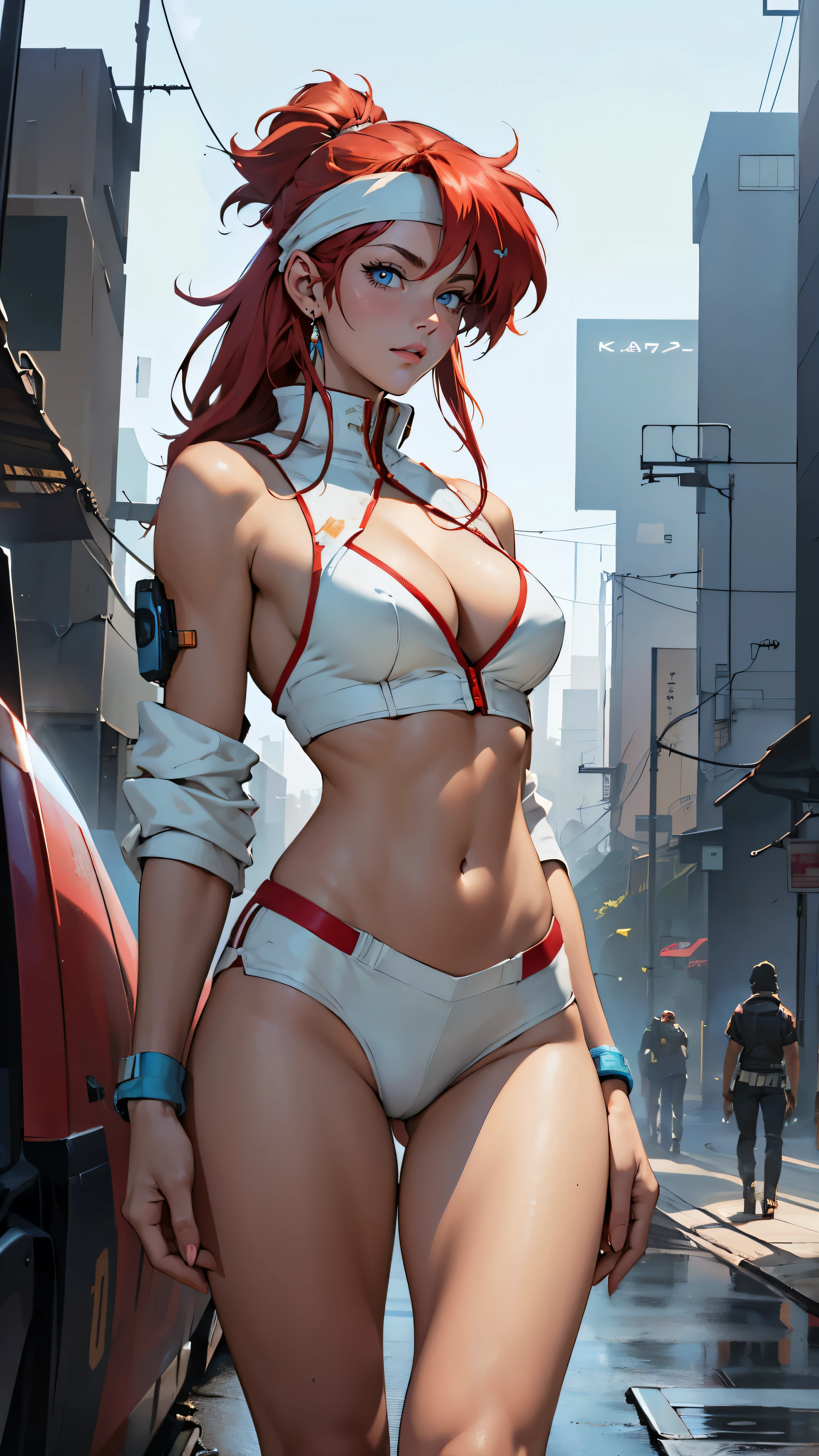 ((Masterpiece, highest quality; 1.3)), super quality, beautiful detail, super detailed, extra fine, 16K, exquisite, absurd, high resolution, beautiful background, detailed background, beautiful eyes, beautiful skin, anime style, Kay from Dirty Pair in a white outfit, tight outfit, cleavage, bushy redhead beauty, very light blue uniform, wearing tight clothes, skimpy, (mid chest: 1.2), cleavage, cleavage, slim waist , thin waist, slim thighs, thin legs, slim legs. thigh gap, showing stomach, skinny, thin hips, cyberpunk city background, holding retro space gun , headband,