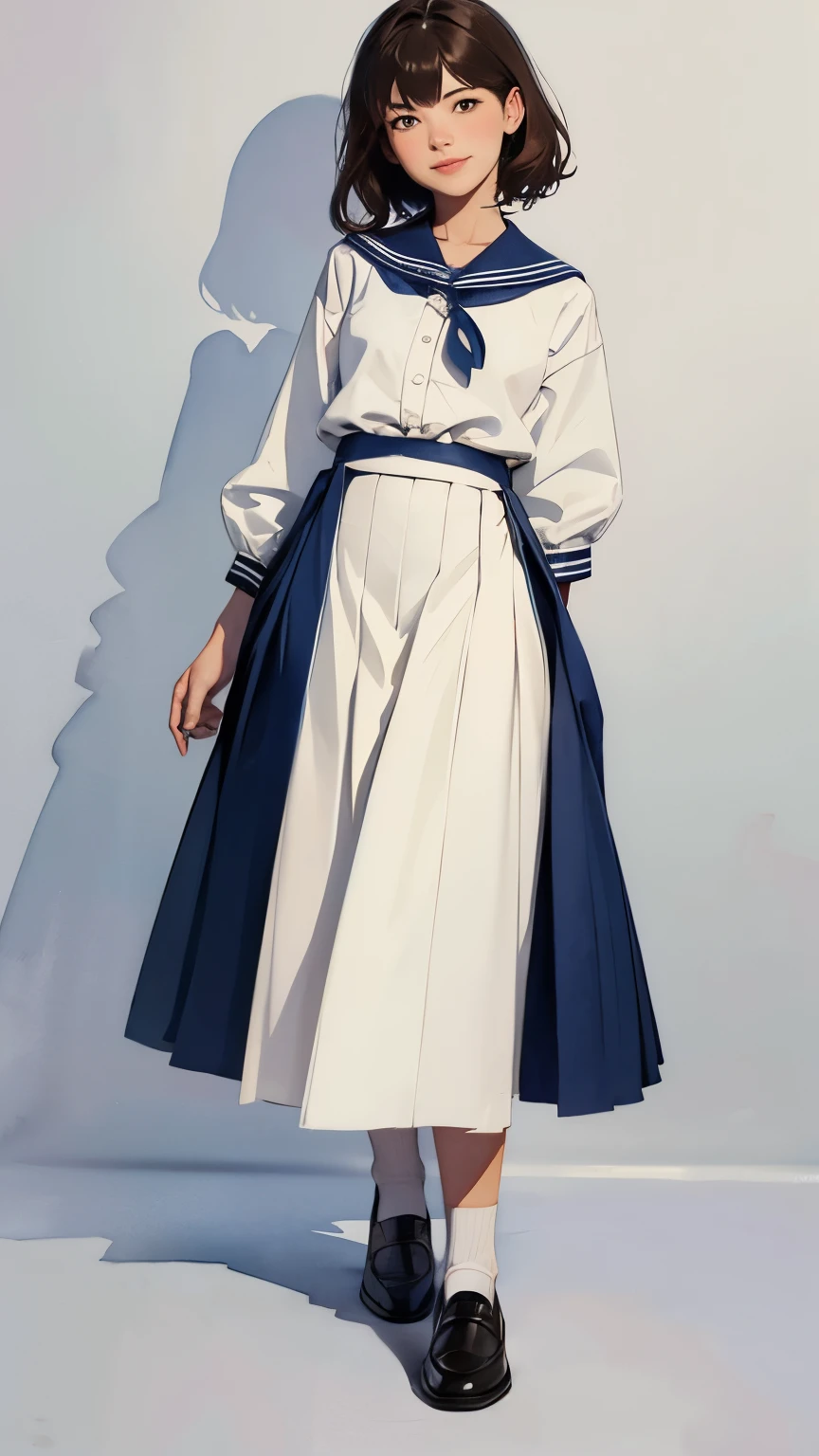 (1 Girl、alone、whole body、natural standing posture)、(whole body:1.4)、(whole bodyショーケース)、(whole bodyを見せる)、((Character Concept Art))、(Portraiture:1.2)、(Detailed facial depiction、A kind smile)、Short dark brown hair、White Sailor Suit、Navy blue sailor color、uniform、Long skirt、Pleated skirt、shoes、loafers、(Vintage、Classic)、((No background))、((White Background))、Blur the background、(No logo)、((Watercolor of singer Sargent))、Impressionist style painting、(Highest quality、masterpiece)、
