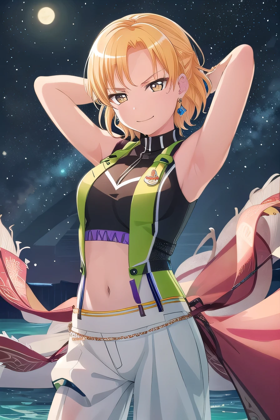 MASKING, 1girl, solo, looking at viewer, smile, short hair, blonde hair, shirt, gloves, sleeveless, ribbon, brown eyes, jewelry, yellow eyes, white undershirt, earrings, pants, high quality, solo, night sky, beach, arms behind head, contrapposto, closed mouth, spread armpits, (cowboy shot:1.5), looking at viewer, smirk, best quality,