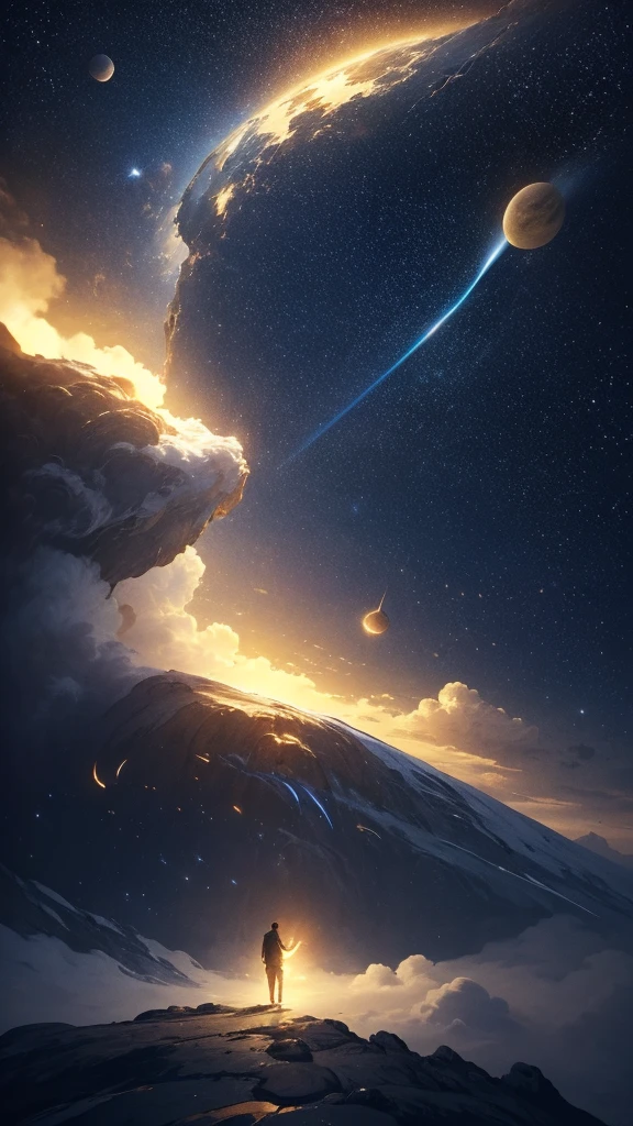 (Highly detailed CG Unity 8k wallpaper), A man looking up at the night sky, The most beautiful space art panorama, SF universe scenery, planet, Ed Blinky, Atey Gailan, Professional and spectacular paintings from Studio Ghibli, Jeremy Mann, Greg Manchess, Antonio Moro, Trending on Art Station, Trending on CGSociety, complicated, High detail, Sharp focus, dramatic, Photorealistic paintings by Midjourney and Greg Rutkowski