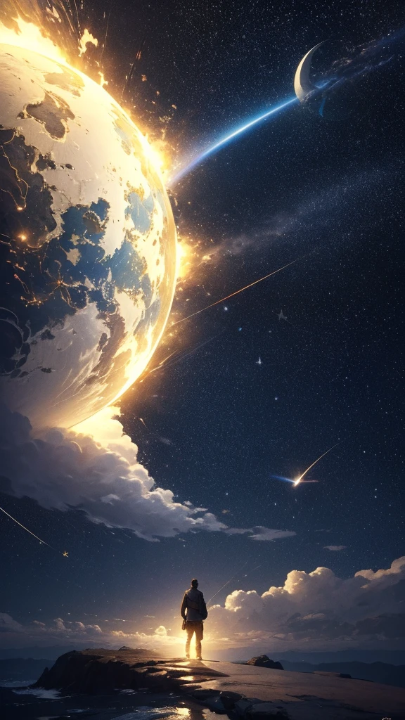(Highly detailed CG Unity 8k wallpaper), A man looking up at the night sky, The most beautiful space art panorama, SF universe scenery, planet, Ed Blinky, Atey Gailan, Professional and spectacular paintings from Studio Ghibli, Jeremy Mann, Greg Manchess, Antonio Moro, Trending on Art Station, Trending on CGSociety, complicated, High detail, Sharp focus, dramatic, Photorealistic paintings by Midjourney and Greg Rutkowski