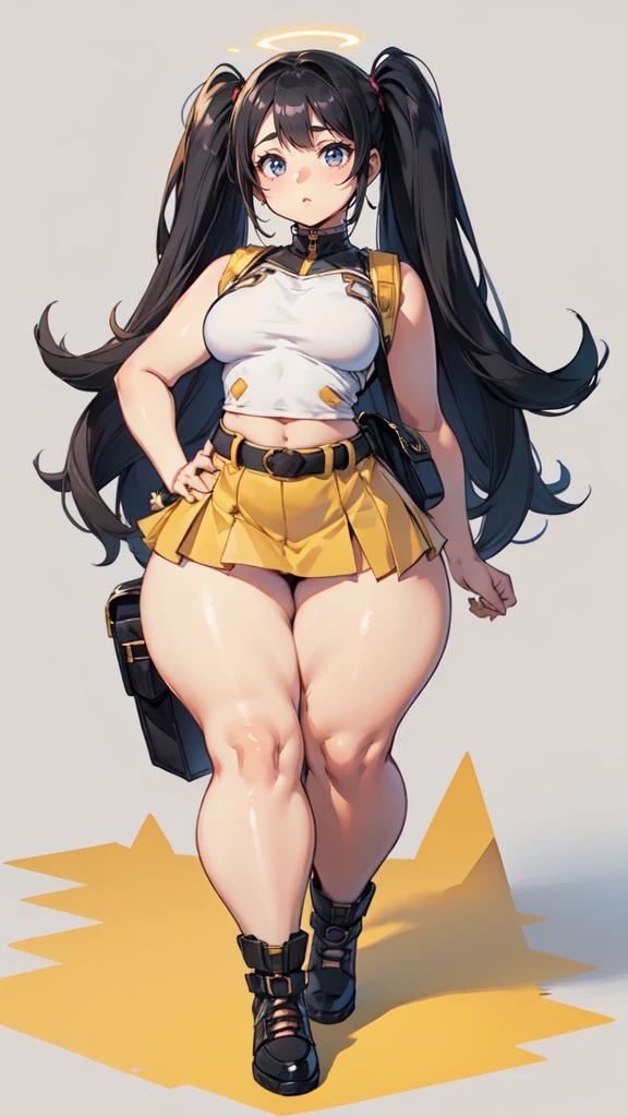 blank background, (((full body))), (masterpiece), ((best quality)), (very short girl), flat chest, short twintail, (wide hips:1.5), (thick thighs:1.6), (very short skirt), toeless footwear, belt below navel, fanny packs, bags