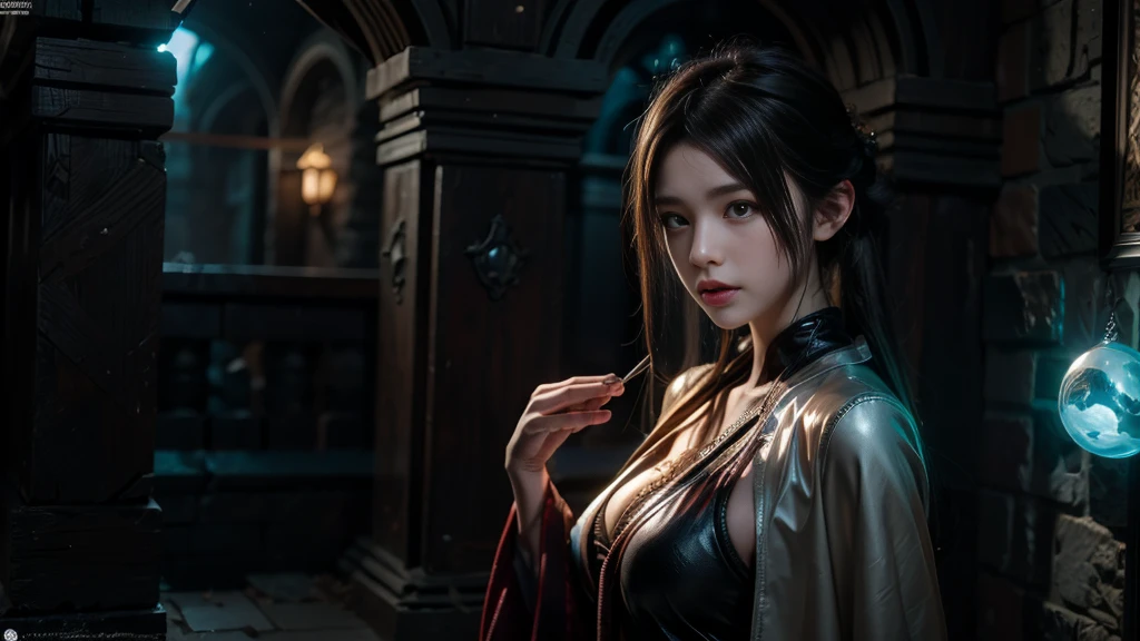 Female Mage Close-up, Girl in robe, 2. 5D CGI anime fantasy artwork, Large Breasts,Epic fantasy digital art style, detailed Digital 2D fantasy art, Digital 2D fantasy art, Gorgeous female mage,Looking at the camera,(glowing magic:1.7) Role Playing Game Character Art, Beautiful female mage, Fantasy Character Art, Epic and beautiful character art, Beautiful female mage,(Edinburgh Street:1.8),light rain,Medium and long range lenses,Looking at the camera