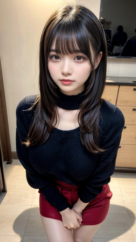 highest quality、8k、32k、masterpiece、Hmph:1.2)、One Girl、Girl with long hair、Beautiful Japanese Woman、Black-haired、Heavy bangs、Long sleeve shirt、Hair length、A fluffy white sweater、Don't expose it、D Cup,choker、plump breasts, large breasts, Bright red eyeliner、full body, perfect body shape