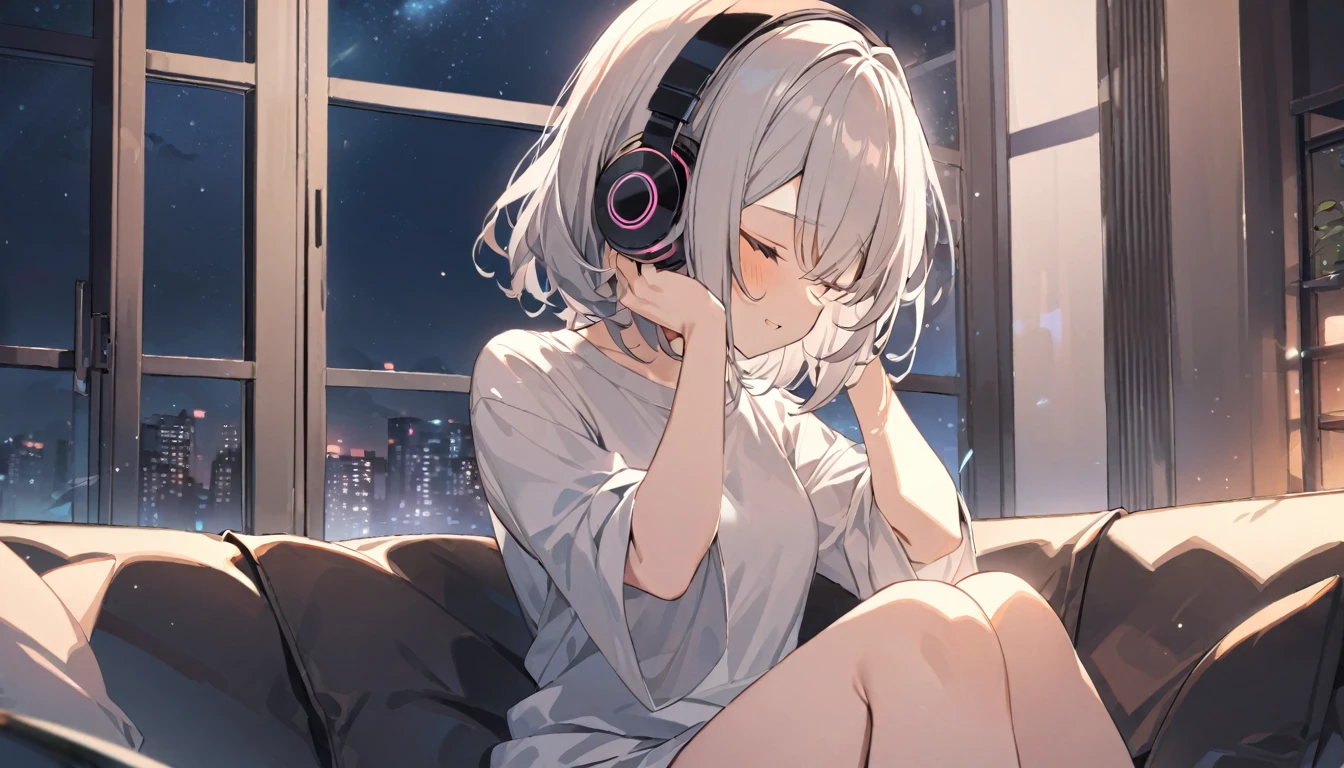 (Highest quality), 1 girl, Sitting on the couch, listen to music, close your eyes, Headphones, In front of the window, night, relax