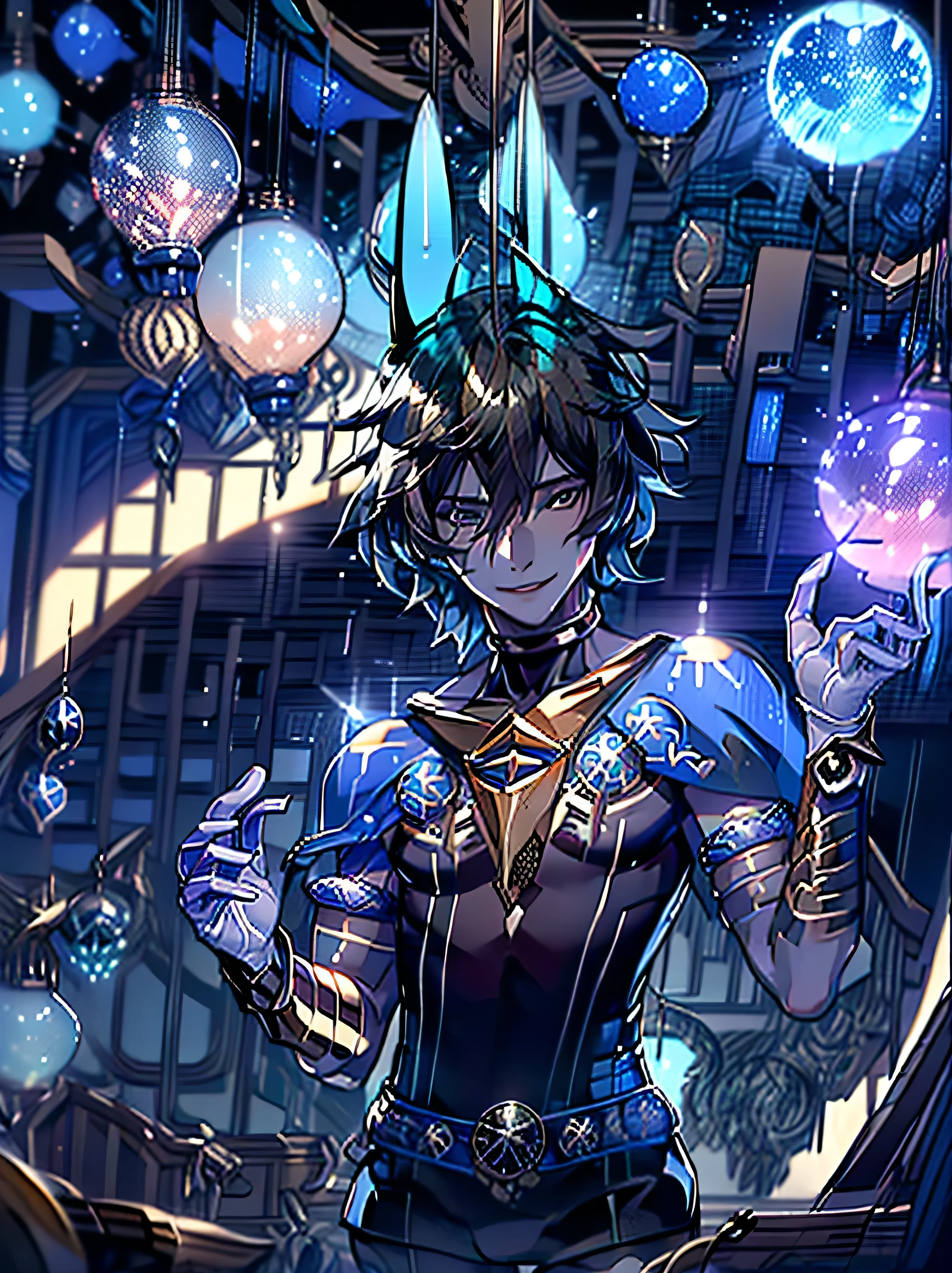 ((absurdres)), hd, uhd, (((HDR))), ((best quality)), (ultra high quality), (hi-res), ((1boy)), solo, alone, (arjuna alter (fate)), arjuna alter - third ascen (fate):1.3), ((short black hair)), ((black shirt, sleeveless, blue capelet, neck ring, jewelry, armlet, golden gauntlets, white gloves, tattoo, short blue horns)), perfect body, perfect anatomy, long legs, pants, (((thigh gap))), (smile), lips slightly parted, cute, facing viewer, hips twisted, ((dynamic)), one leg behind, medieval city, outside, buildings, cobblestone sidewalk, daytime, additional lighting, sunlight on face, noon, bright, bright sun, city scenery, ((upper body))