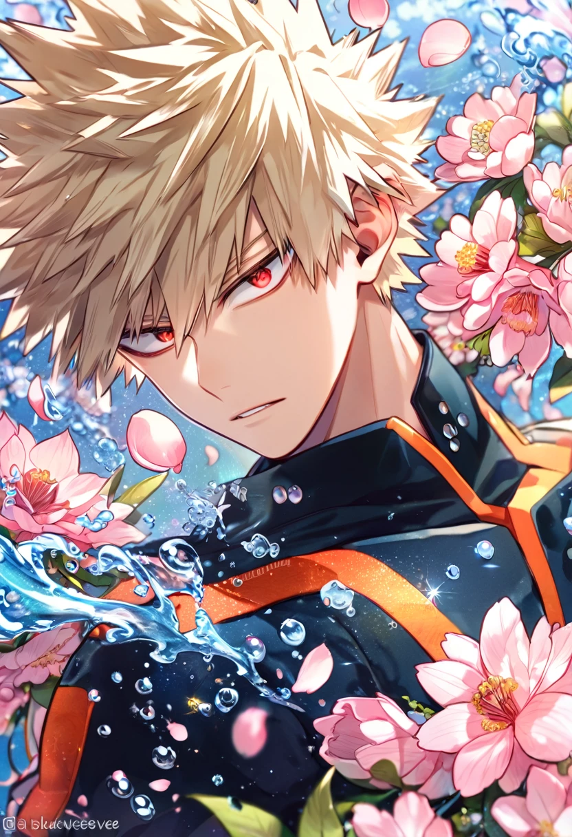 Ultra detailed, highres, absurdres, HDR, master piece, Bakugo Katsuki, ash-blond hair, expressivee red eyes, black hero clothes with patterns, Boku No Hero Academia, fantasy, pink petals, water, pink flowers, handsome, sexy man, solo, magical, best quality, blossoms, blue shining fireflies