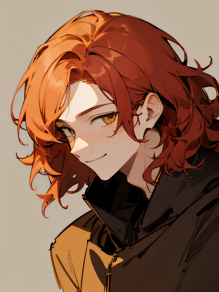 Man Messy red wavy short hair, man, stunning anime face portrait, looking to nothing, smile thinly, manly, bright warm GOLDEN YELLOW high detailed thin eyes, grayard grey background, high detailed shadow