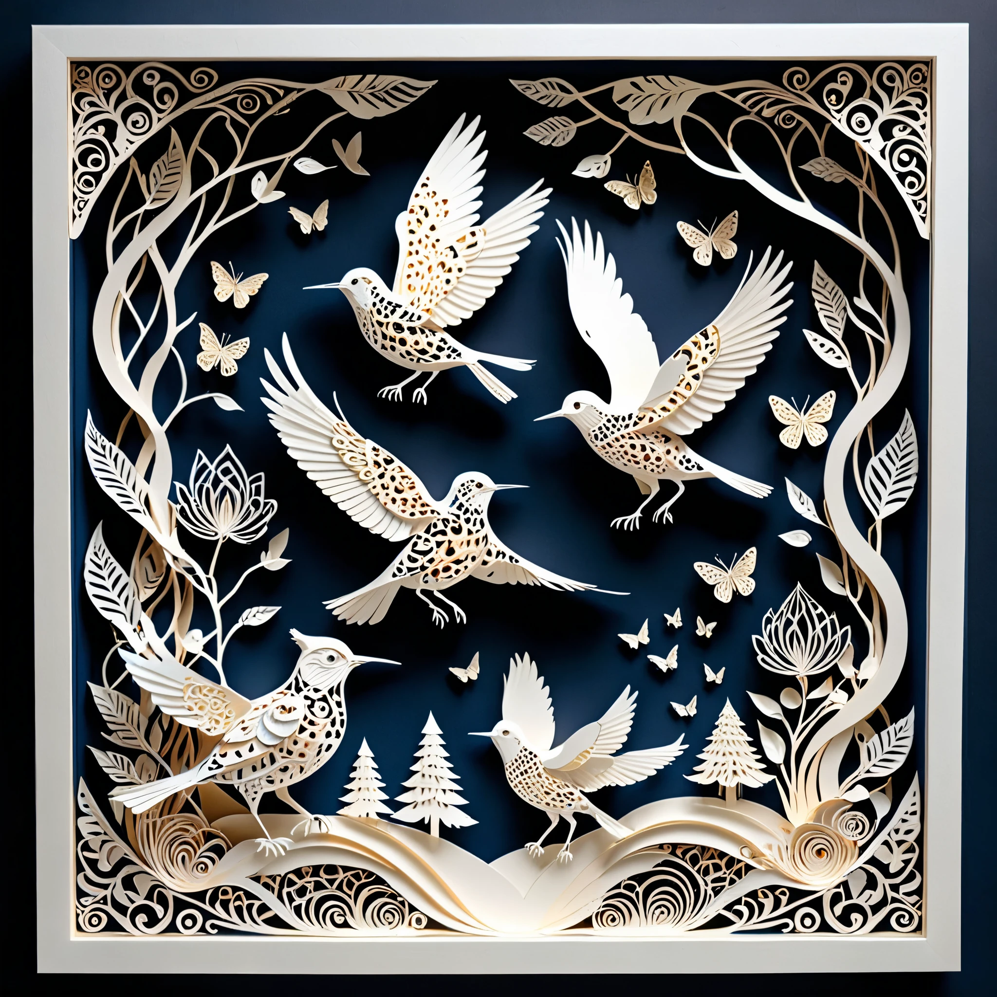 Create a detailed paper cutout artwork depicting a scene that combines intricate patterns with various creatures. The scene should include a harmonious blend of elaborate, decorative patterns interwoven with animals such as birds, fish, butterflies, and other creatures. The patterns should complement the forms and movements of the animals, creating a seamless integration between the natural and the abstract. The artwork should evoke a sense of wonder and intricacy, highlighting the beauty and complexity of both the patterns and the creatures. The overall mood should be artistic and enchanting, capturing the elegance of nature through detailed design