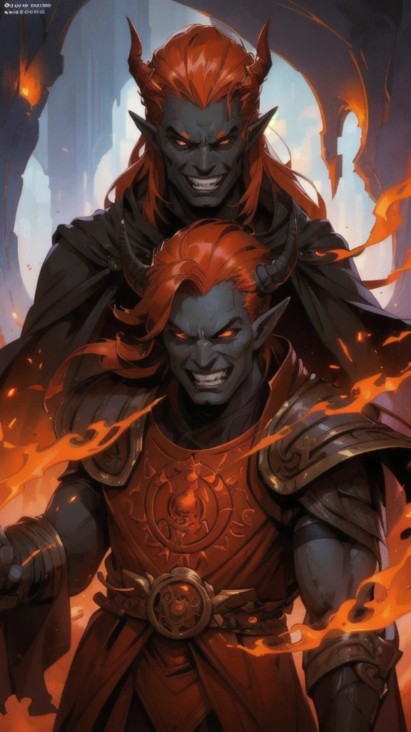 (exciting comic book style: 1.3), (man), (male)portrait, an infernal with red skin (elegant smile, teeth. 1.2), messy red hair, pointy ears, small horns, crown of fire and medallions, noble black velvet dress, surrounded by fog, orange and red backlight, steam, (charismatic prankster), strong and complex light, contrasting shadows, in front of a chaotic portal.