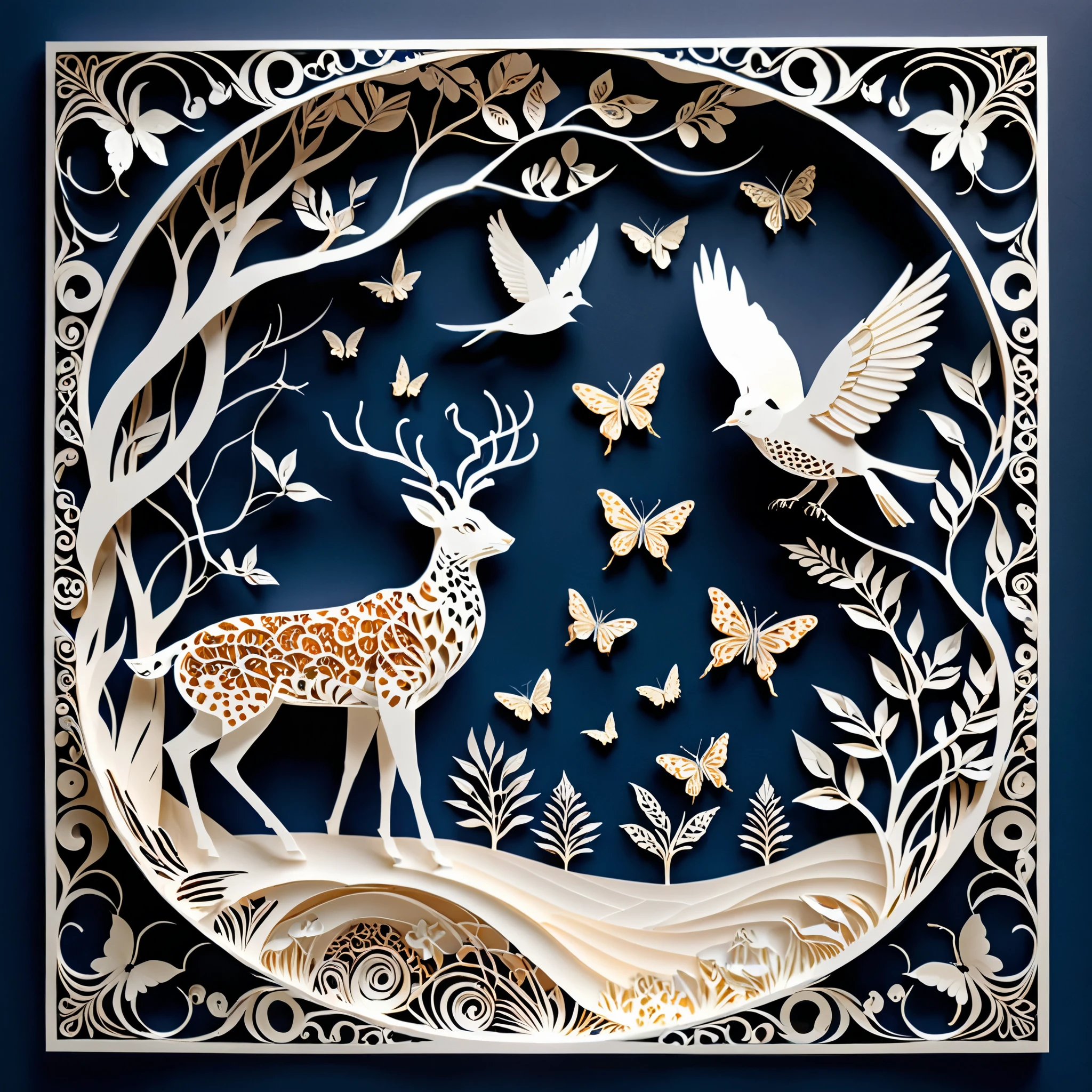 Create a detailed paper cutout artwork depicting a scene that combines intricate patterns with various creatures. The scene should include a harmonious blend of elaborate, decorative patterns interwoven with animals such as birds, fish, butterflies, and other creatures. The patterns should complement the forms and movements of the animals, creating a seamless integration between the natural and the abstract. The artwork should evoke a sense of wonder and intricacy, highlighting the beauty and complexity of both the patterns and the creatures. The overall mood should be artistic and enchanting, capturing the elegance of nature through detailed design