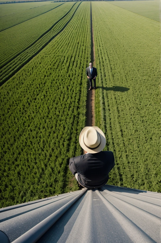 perspective of a person on top of a roof, in a field and it's night, that there is no one and it looks terrifying, make it look super realistic