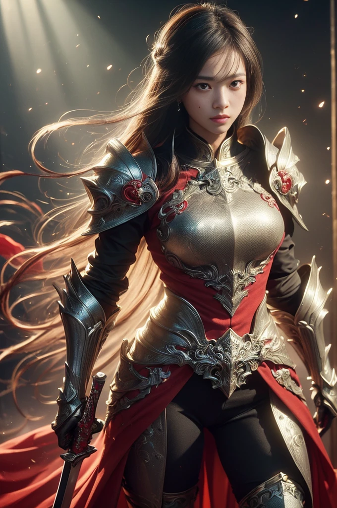 (((Realistic, masterpiece, Highest quality, Sharp details, High resolution, High detail, Sharp focus, Perfect studio lighting))), Chinese girl, Wearing heavy golden armor, Chinese style armor, full body armor, Fully decorated armor, Straight long hair, Ideal body, Large Breasts, dirty, sweating, Bloody Face, bloody armor, genocide, genocide, Showing a long sword smeared with blood, Epic War, Fire everywhere, Smoke everywhere, Covered in blood, Death is everywhere, Surrounded by enemies, Japan Edo Period, Background of the brutal war, Path of War, war zone, Battlegrounds