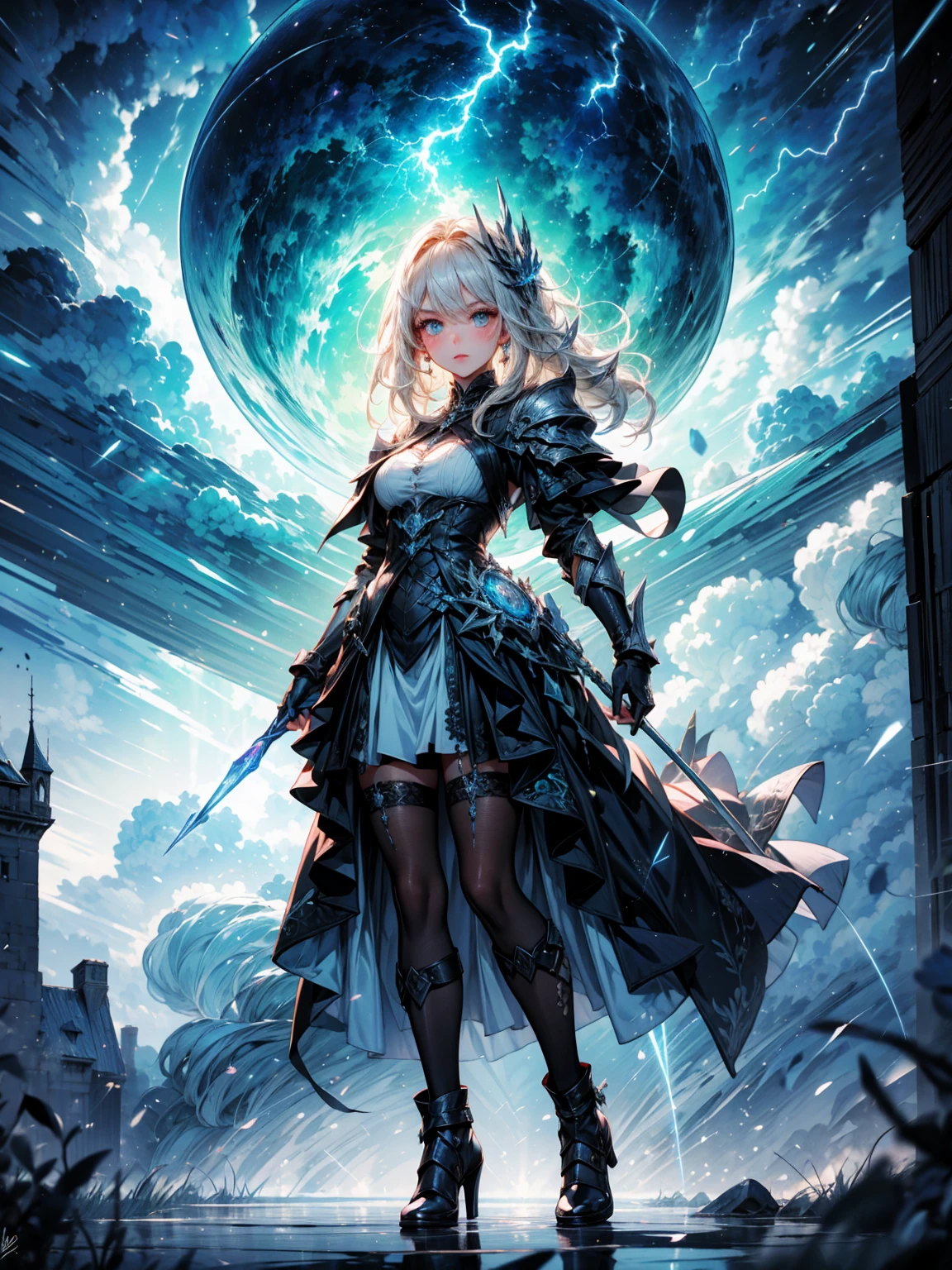 ((full body shot)) of a girl in electrifying, futuristic armor with sleek silver and blue accents, soaring through a stormy, electrified sky. She has short, spiky platinum blonde hair and piercing, electric blue eyes. Her skin has a faint, radiant glow, and she is adorned with intricate lightning bolt motifs. She holds a magnificent staff crackling with arcs of lightning, emitting a powerful, electric aura. The atmosphere is {charged|awe-inspiring}, with thunderclouds and bolts of lightning illuminating the scene. The ground beneath her is charged with static electricity, creating a shimmering effect and adding to the electrifying ambiance. Surrounding her are swirling storm clouds and bursts of lightning in shades of {blue|white}, casting a dynamic, electrical glow. As she flies, she effortlessly manipulates the lightning bolts with her outstretched hand, showcasing her mastery over electricity. The background features towering, swirling storm formations and glimpses of a distant, lightning-lit castle, hinting at a kingdom ruled by thunder and lightning. The scene is intense and majestic, with her face showing a confident yet serene expression, her eyes focused intently on harnessing her power.

[Best quality], [Masterpiece], [Ultra-detailed], [4k], {charged|awe-inspiring} atmosphere, stormy sky, {dynamic pose|commanding pose}, electrified illumination, {soft shadows|dramatic lighting}, {charged ground:0.7}, {swirling storm clouds:0.6}, {bursts of lightning:0.5}, {storm formations:0.4}, {lightning-lit castle:0.3}.