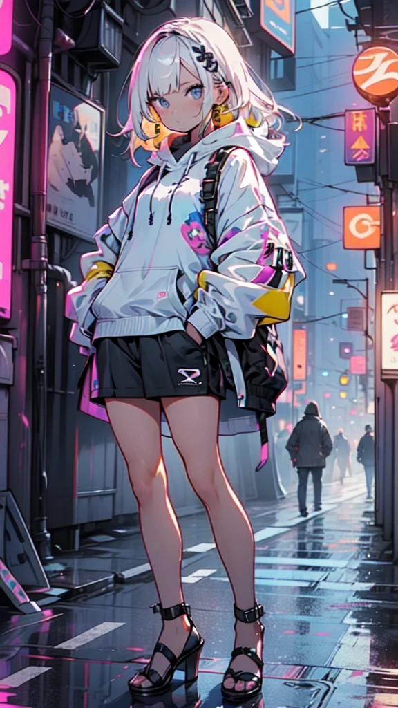 a girl with long yellow hair, blue eyes, wearing an orange hoodie and black heels, in a cyberpunk setting with her hand in her pocket, pink background