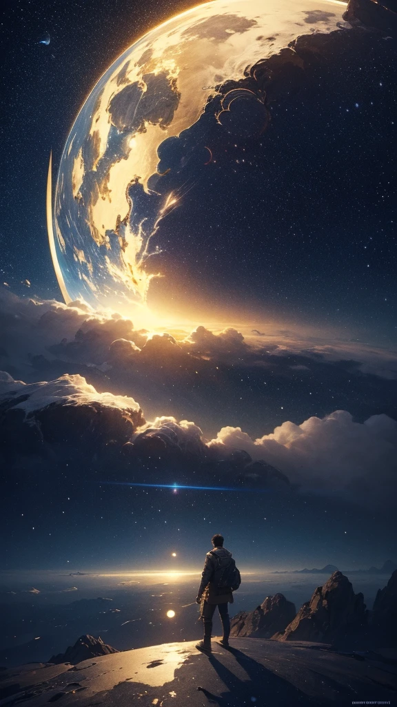 (Highly detailed CG Unity 8k wallpaper), A man looking up at the night sky, The most beautiful space art panorama, SF universe scenery, planet, Ed Blinky, Atey Gailan, Professional and spectacular paintings from Studio Ghibli, Jeremy Mann, Greg Manchess, Antonio Moro, Trending on Art Station, Trending on CGSociety, complicated, High detail, Sharp focus, dramatic, Photorealistic paintings by Midjourney and Greg Rutkowski