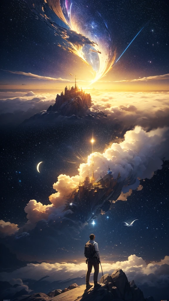 (Highly detailed CG Unity 8k wallpaper), A man looking up at the night sky, The most beautiful space art panorama, SF universe scenery, planet, Ed Blinky, Atey Gailan, Professional and spectacular paintings from Studio Ghibli, Jeremy Mann, Greg Manchess, Antonio Moro, Trending on Art Station, Trending on CGSociety, complicated, High detail, Sharp focus, dramatic, Photorealistic paintings by Midjourney and Greg Rutkowski