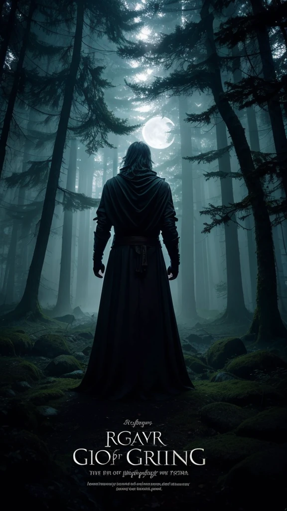 bottom: A night landscape, dark and mysterious, with the full moon in the sky, shining brightly and bathing everything in a silvery glow. The moon is large and prominent, occupying the top center of the cover.
forest: Tall, leafy trees in dark silhouettes, surrounding the landscape. The branches are slightly twisted and covered in fog, creating a disturbing and suspenseful atmosphere.
Figure of the protagonist: Axel Blackwood, a man with a strong build and intense gaze. It is in the center of the image, with an expression of determination and alert. Wear dark, practical clothing, suitable for the forest. His transformation into a werewolf is subtly suggested.: perhaps with glowing eyes and barely visible fangs, or with a shadow showing a lupine figure.
stone altar: aside, maybe in the background but still visible, an ancient stone altar covered in moss and vines, with ancient statues around. This is the sanctuary mentioned in the story.
Additional details:
A faint, dark glow emanating from the depths of the forest, suggesting the presence of the “Heart of the Night”.
A few bright eyes hidden in the shadows of the trees, suggesting creatures watching from the darkness.
Low, ethereal mists covering the forest floor.
typography: title "Full Moon Shadows" in large, stylized letters, with a silver glitter effect.