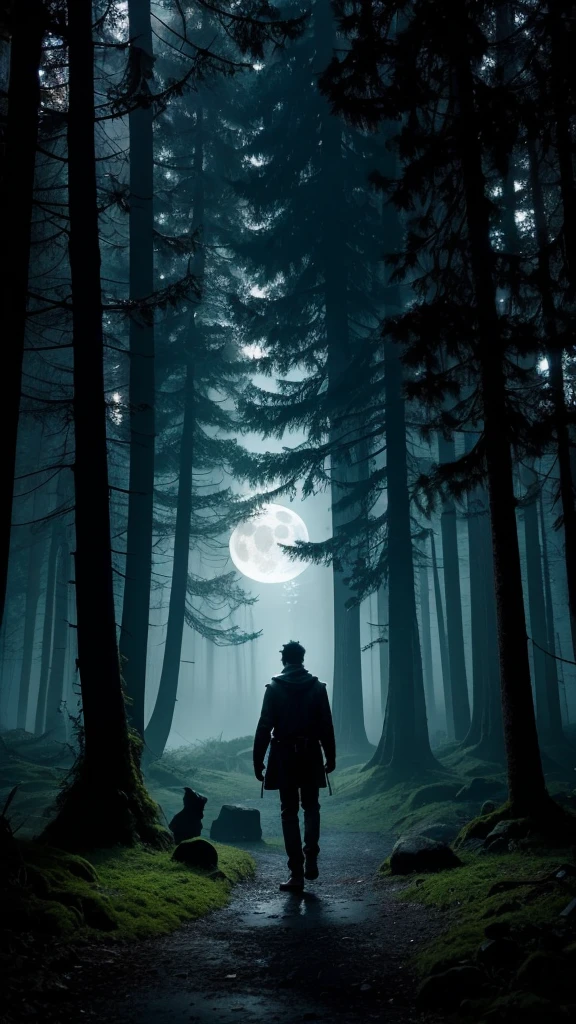 bottom: A night landscape, dark and mysterious, with the full moon in the sky, shining brightly and bathing everything in a silvery glow. The moon is large and prominent, occupying the top center of the cover.
forest: Tall, leafy trees in dark silhouettes, surrounding the landscape. The branches are slightly twisted and covered in fog, creating a disturbing and suspenseful atmosphere.
Figure of the protagonist: Axel Blackwood, a man with a strong build and intense gaze. It is in the center of the image, with an expression of determination and alert. Wear dark, practical clothing, suitable for the forest. His transformation into a werewolf is subtly suggested.: perhaps with glowing eyes and barely visible fangs, or with a shadow showing a lupine figure.
stone altar: aside, maybe in the background but still visible, an ancient stone altar covered in moss and vines, with ancient statues around. This is the sanctuary mentioned in the story.
Additional details:
A faint, dark glow emanating from the depths of the forest, suggesting the presence of the “Heart of the Night”.
A few bright eyes hidden in the shadows of the trees, suggesting creatures watching from the darkness.
Low, ethereal mists covering the forest floor.
typography: title "Full Moon Shadows" in large, stylized letters, with a silver glitter effect.
