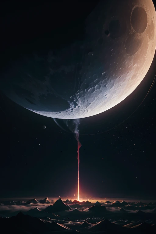 Colorful lighting, neon lights and lots of smoke in the background,coming from bottom to top. at the moon, view of planet Earth in the background in space.