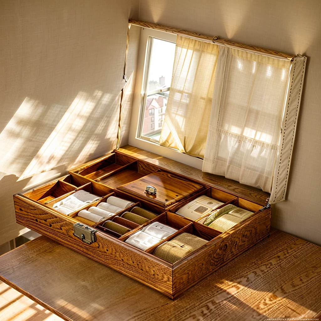 In this cozy room,A ray of sunlight shone through the half-drawn curtains on the table,Let the wood grain on the watch storage box shine with a faint luster。There was a calm and peaceful atmosphere in the air around them。There are several still lifes hanging on the walls of the room,It adds a touch of elegance to the space。And on the other side of the room,The half-open window lets in the breeze,The pages on the small desk by the window turned in the wind,This quiet scene gives a sense of tranquility and comfort。