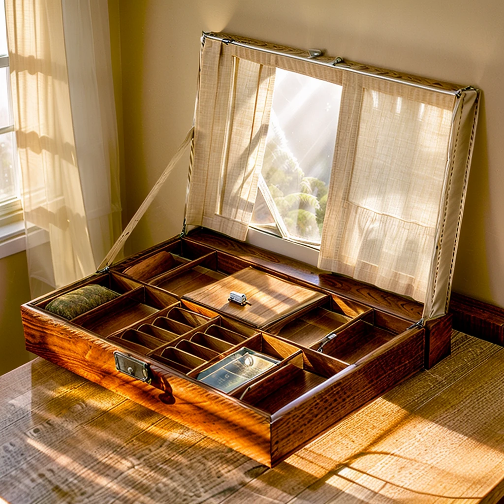 In this cozy room，A ray of sunlight shone through the half-drawn curtains on the table，Let the wood grain on the watch storage box shine with a faint luster。There was a calm and peaceful atmosphere in the air around them。There are several still lifes hanging on the walls of the room，It adds a touch of elegance to the space。And on the other side of the room，The half-open window lets in the breeze，The pages on the small desk by the window turned in the wind，This quiet scene gives a sense of tranquility and comfort。

