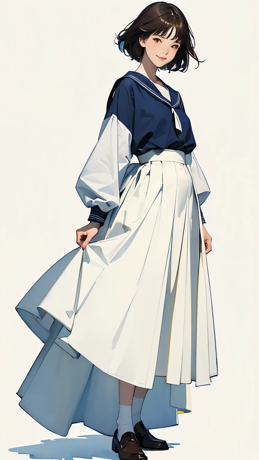 (1 Girl、alone、whole body、natural standing posture)、(whole body:1.4)、(whole bodyショーケース)、(whole bodyを見せる)、((Character Concept Art))、(Portraiture:1.2)、(Detailed facial depiction、A kind smile)、Short dark brown hair、White Sailor Suit、Navy blue sailor color、uniform、Long skirt、Pleated skirt、shoes、loafers、(Vintage、Classic)、((No background))、((White Background))、Blur the background、(No logo)、((Watercolor of singer Sargent))、Impressionist style painting、(Highest quality、masterpiece)、