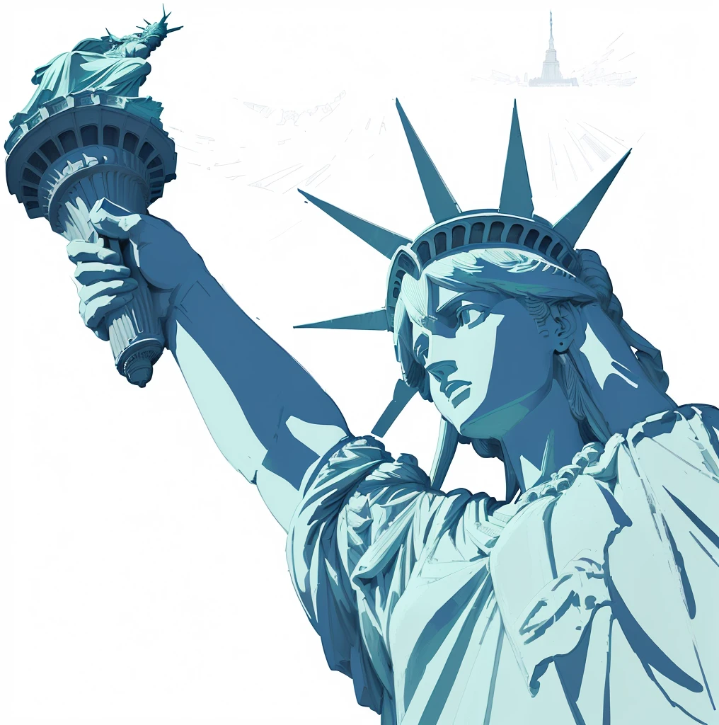 statue of liberty holding a torch in her hand, the statue of liberty, statue of liberty, photo of the statue of liberty, detalized new york background, liberty statue sitdown pose, statue of liberty at left, new york background, new york city background, sketch illustration, masterpiece work of art, representing liberty, stock illustration, higher detailed illustration