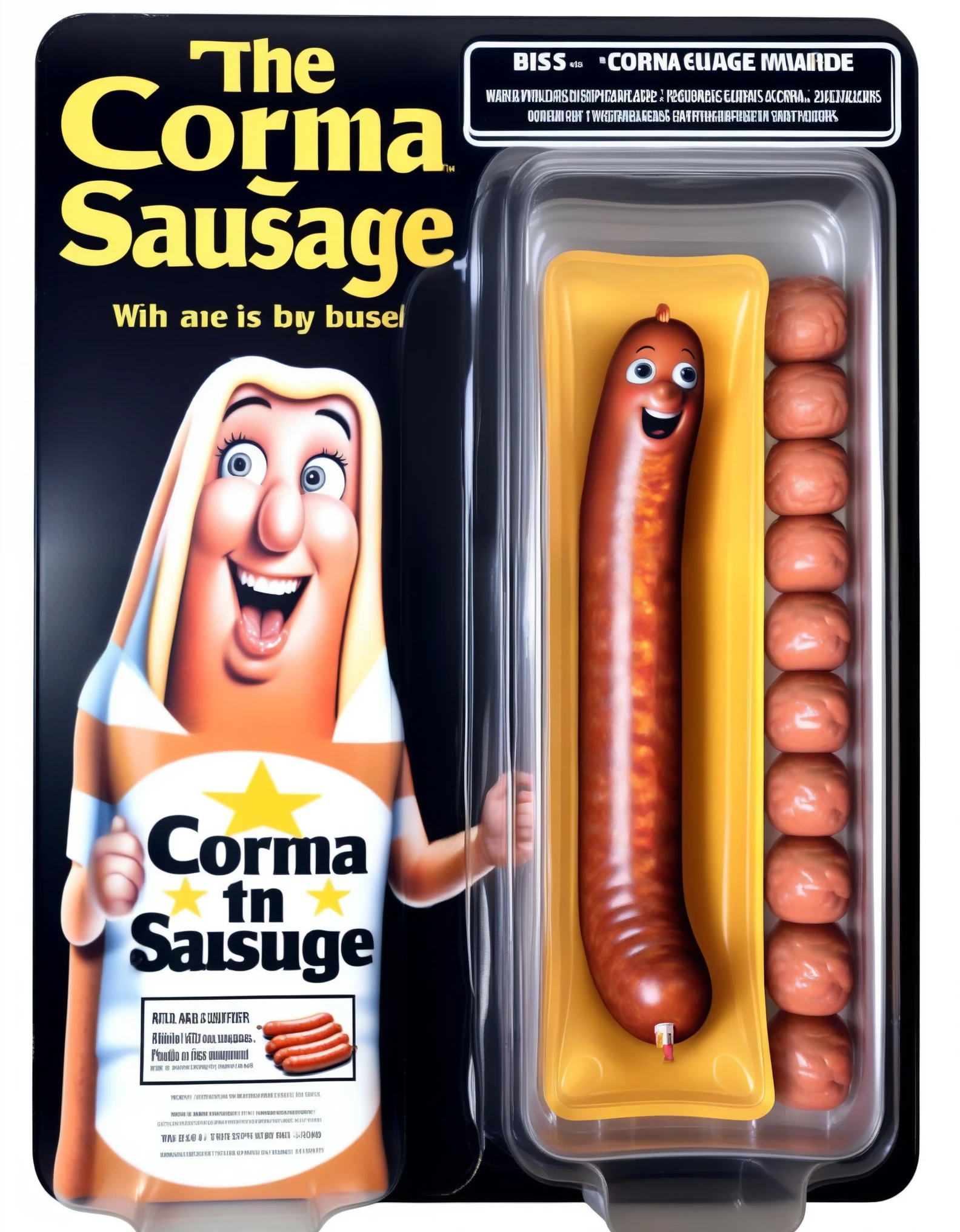 An Real bumpy sausage with corona figure in a plastic box, ((Photoreal)), resembling a photograph. The figure is lewd shape, The packaging displays Big sausage's dynamic in-life moments and his signature interpretation, lewd
