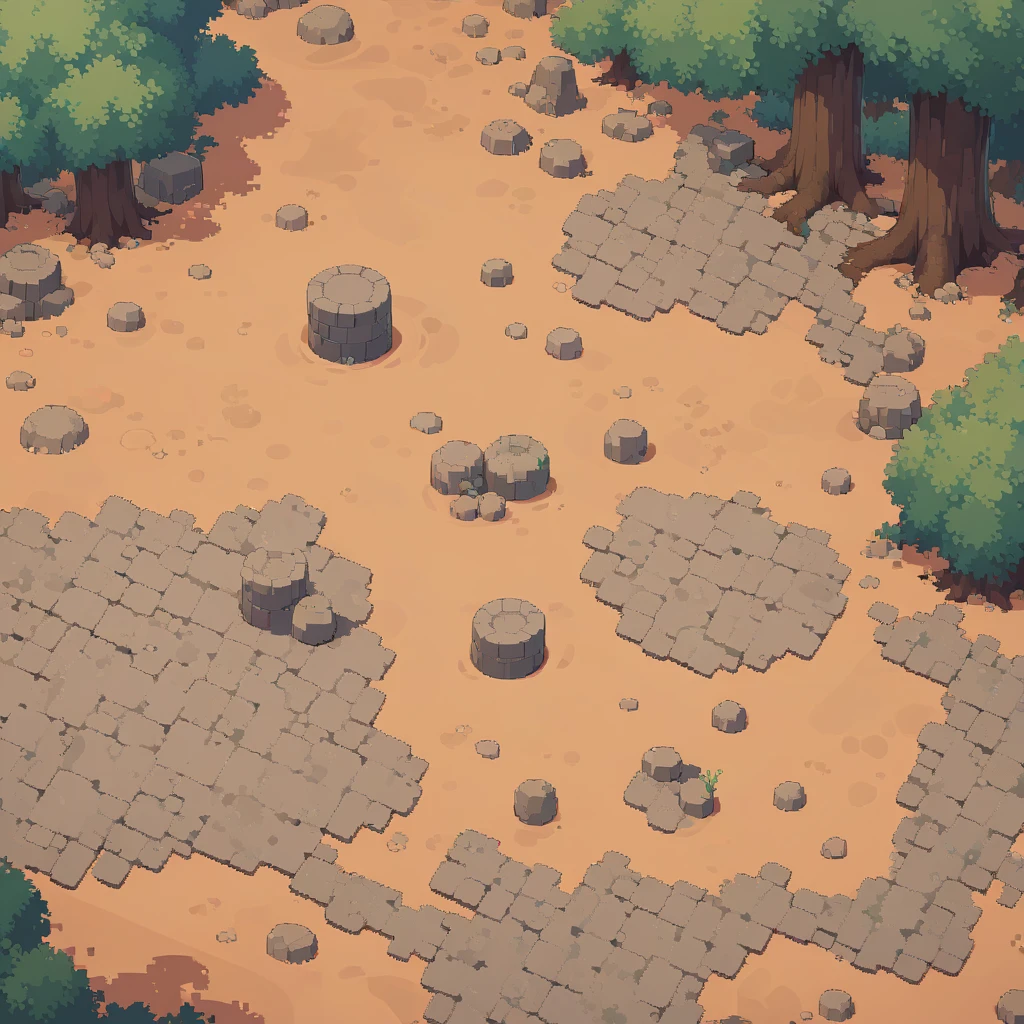 retro video game style,pixelated, vibrant pastel colors,8-bit characters,blocky shapes,sharp lines,detailed shading,classic gaming vibe,nostalgic atmosphere,classic arcade games,masterpiece:1.2,ultra-detailed,illustration style, 2d texture, clay texture, stone texture, 4 k seamless mud texture, video game texture, dirt texture, tileset, game tiles, clay material, flat texture, grass, trees, rock texture, rocky ground, forest, topdown view, game texture, game art, ground very detailed, dirt, floor texture, tileable texture, flowers, bushes, shrubs, intricate ground stone, top down view, 3/4th perspective