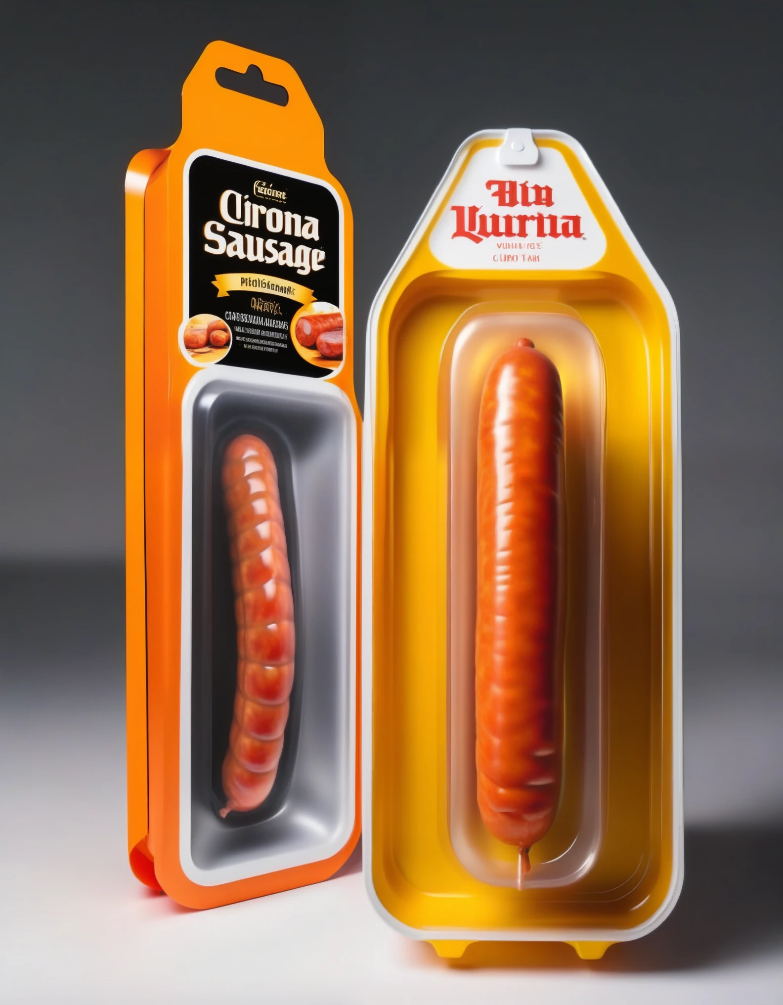 An Real sausage with corona figure in a plastic box, ((Photoreal)), resembling a photograph. The figure is lewd shape, The packaging displays Big sausage's dynamic in-life moments and his signature interpretation, lewd