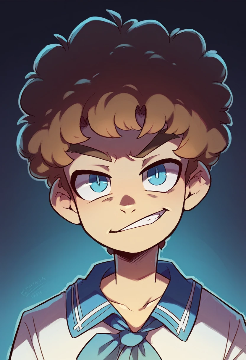 A portrait of a young boy with curly brown hair, blue sanpaku eyes, slender eyes, menacing smirk, boyish, dark room background
