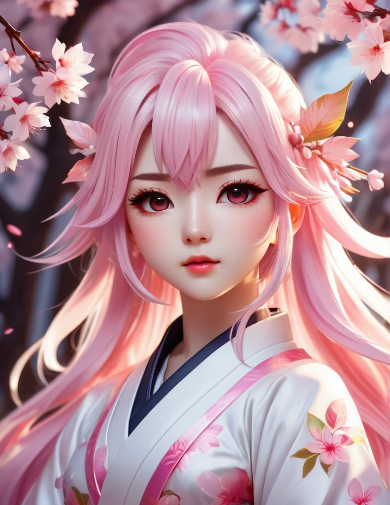 quality(8k wallpaper of extremely detailed CG unit, ​masterpiece, hight resolution, top-quality, top-quality real texture skin,hyper realisitic, digitial painting,increase the resolution,RAW photos，best qualtiy,highly detailed,the wallpaper),BREAK,8K, half face, Chibi, onmyoji-style art Light pink hair, pink eyes, pink and white, sakura leafs, vivid colors, white dress, paint splash, simple background, ray tracing, wavy hair,