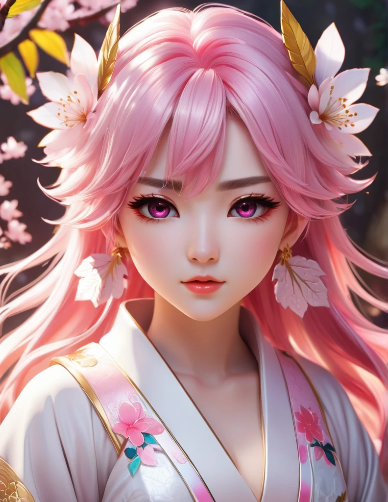 quality(8k wallpaper of extremely detailed CG unit, ​masterpiece, hight resolution, top-quality, top-quality real texture skin,hyper realisitic, digitial painting,increase the resolution,RAW photos，best qualtiy,highly detailed,the wallpaper),BREAK,8K, half face, Chibi, onmyoji-style art Light pink hair, pink eyes, pink and white, sakura leafs, vivid colors, white dress, paint splash, simple background, ray tracing, wavy hair,