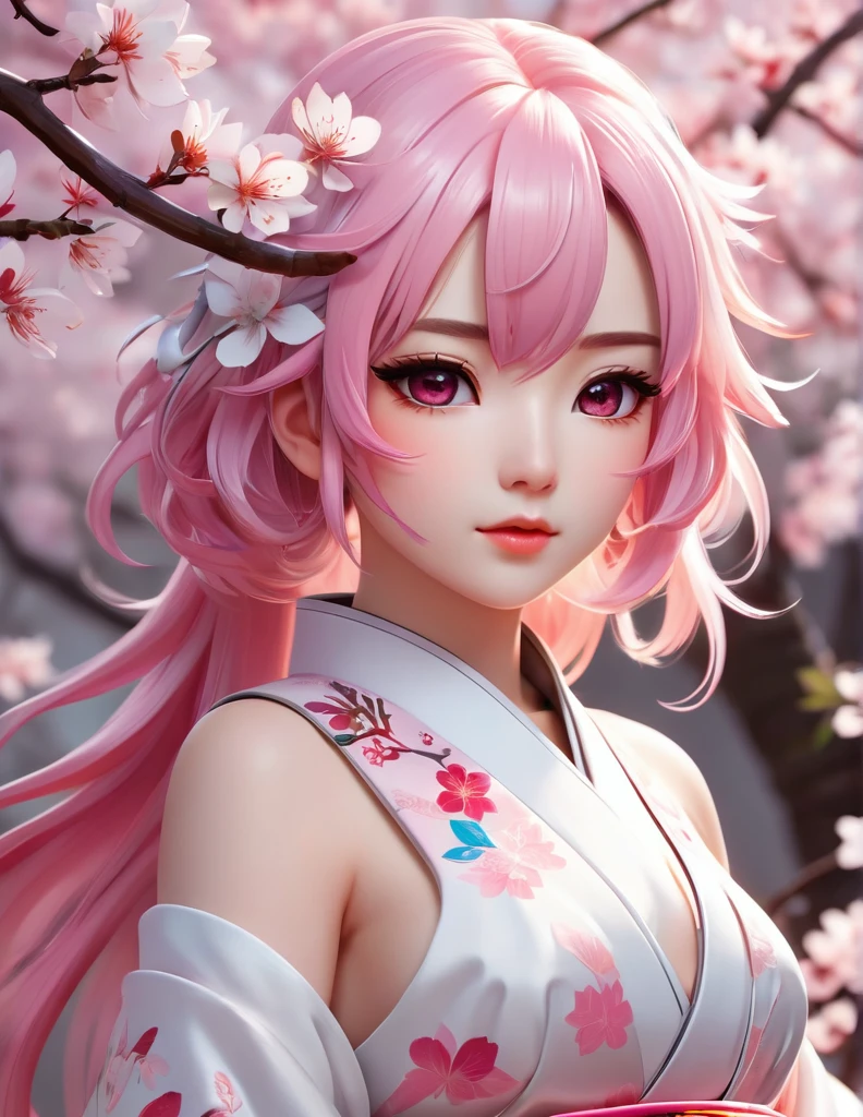 quality(8k wallpaper of extremely detailed CG unit, ​masterpiece, hight resolution, top-quality, top-quality real texture skin,hyper realisitic, digitial painting,increase the resolution,RAW photos，best qualtiy,highly detailed,the wallpaper),BREAK,8K, half face, Chibi, onmyoji-style art Light pink hair, pink eyes, pink and white, sakura leafs, vivid colors, white dress, paint splash, simple background, ray tracing, wavy hair,