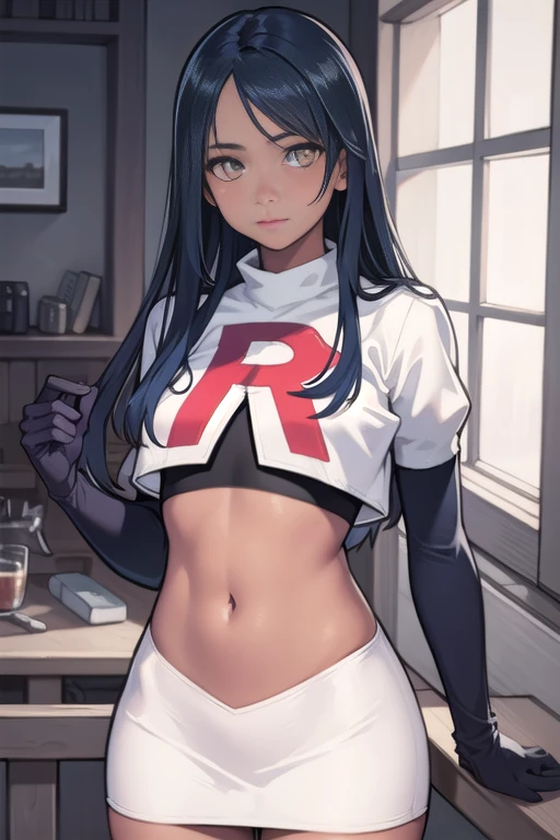 photorealistic, (4k), depth of field, (Masterpiece), (realistic skin texture), extremely detailed, intricate, hyper detailed, professional photography, high resolution, sharp detail, best quality, woman, tanned skin, long hair, blue hair, yellow eyes, solo, team rocket,team rocket uniform, red letter R, white skirt,white crop top,black thigh-highs,black elbow gloves