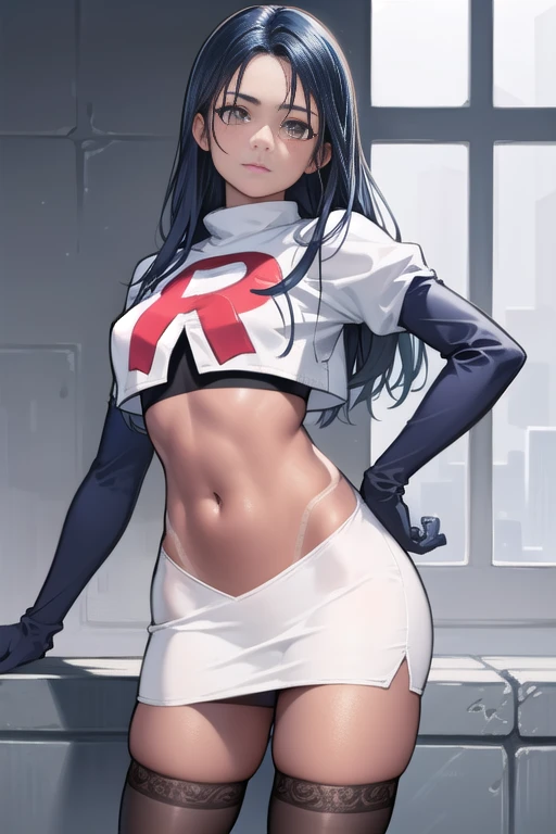 photorealistic, (4k), depth of field, (Masterpiece), (realistic skin texture), extremely detailed, intricate, hyper detailed, professional photography, high resolution, sharp detail, best quality, woman, tanned skin, long hair, blue hair, yellow eyes, solo, team rocket,team rocket uniform, red letter R, white skirt,white crop top,black thigh-highs,black elbow gloves