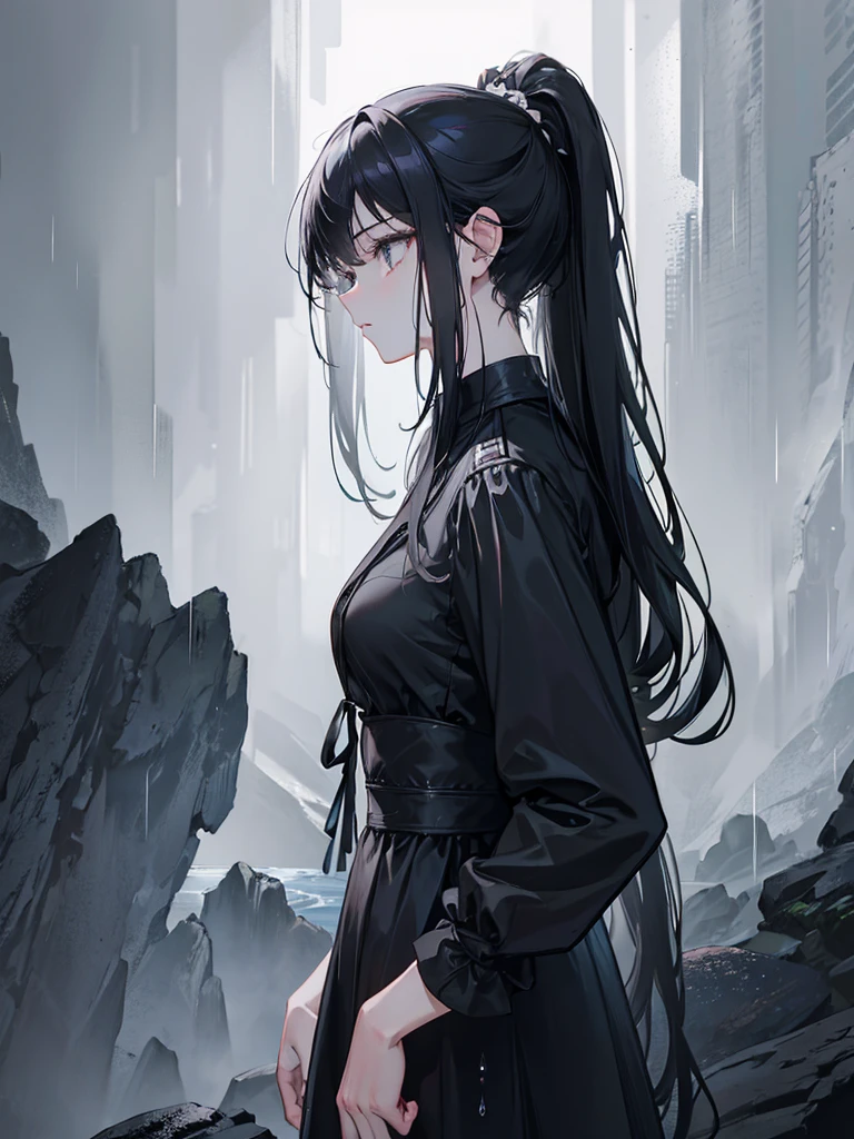 1 girl standing on the edge of a cliff, rain, long black hair in high ponytail, side profile, hands in pockets, black dress,grey eyes,atmospheric lighting, cinematic, dramatic, moody, realistic, beautiful detailed eyes, beautiful detailed lips, extremely detailed face and features, ultra-detailed, 8k, best quality, masterpiece, photorealistic,hands in pockets,